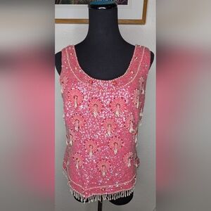 Women's Vtg Pink Lined 100% Lambswool Beaded Sequin Formal Sleeveless Tank Sz L